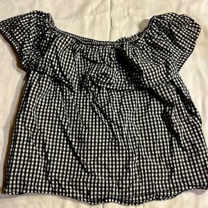 Plaid black and white- over the shoulder ruffle